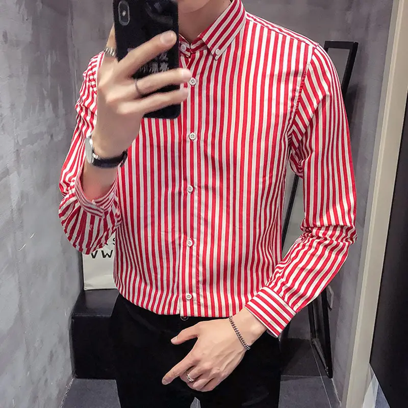 Nueva llegada de la moda de los hombres de primavera y otoño a rayas botón Delgado solapa coreano de manga larga de oficina de negocios Tops blusa camisa Casual