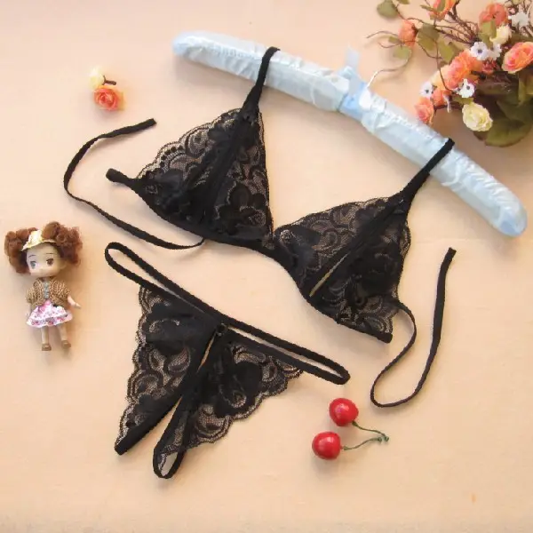 Roupa íntima sexy de tecido com três pontas, roupa íntima de tecido de flor com renda, lingerie sexy sem crotped, sutiã e calcinha