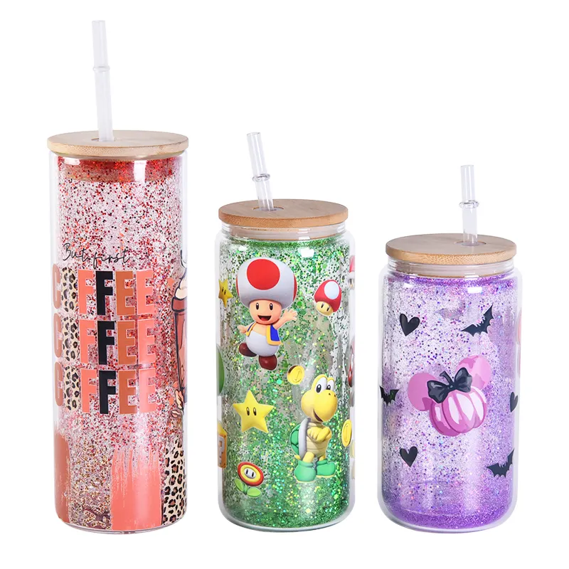 Abd depo 16Oz 20Oz 25Oz Modern kar küresi önceden delinmiş delik Snowglobe küçük cam bira Can Tumbler bambu kapak ile delik