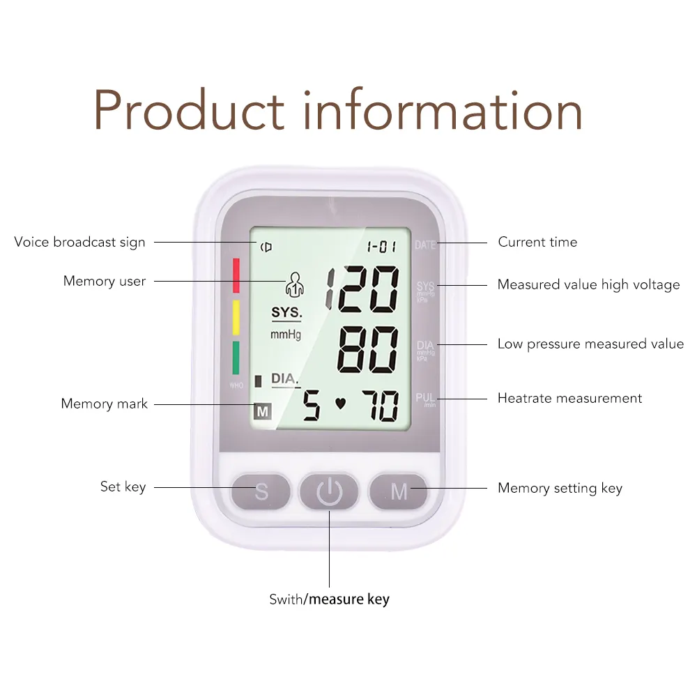 OEM ODM Tensiometr Upper Arm Smart Automatic Bp Monitor Measurement LCD Digital Manual Blood Pressure Monitor