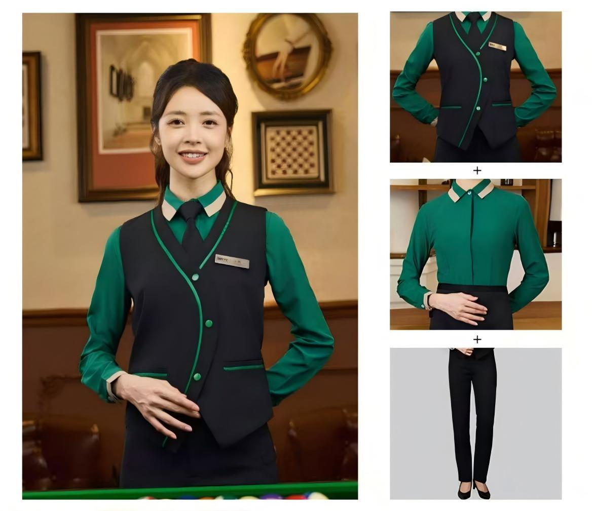 Conjunto de 3 piezas para mujer: camisa verde + chaleco + pantalón negro