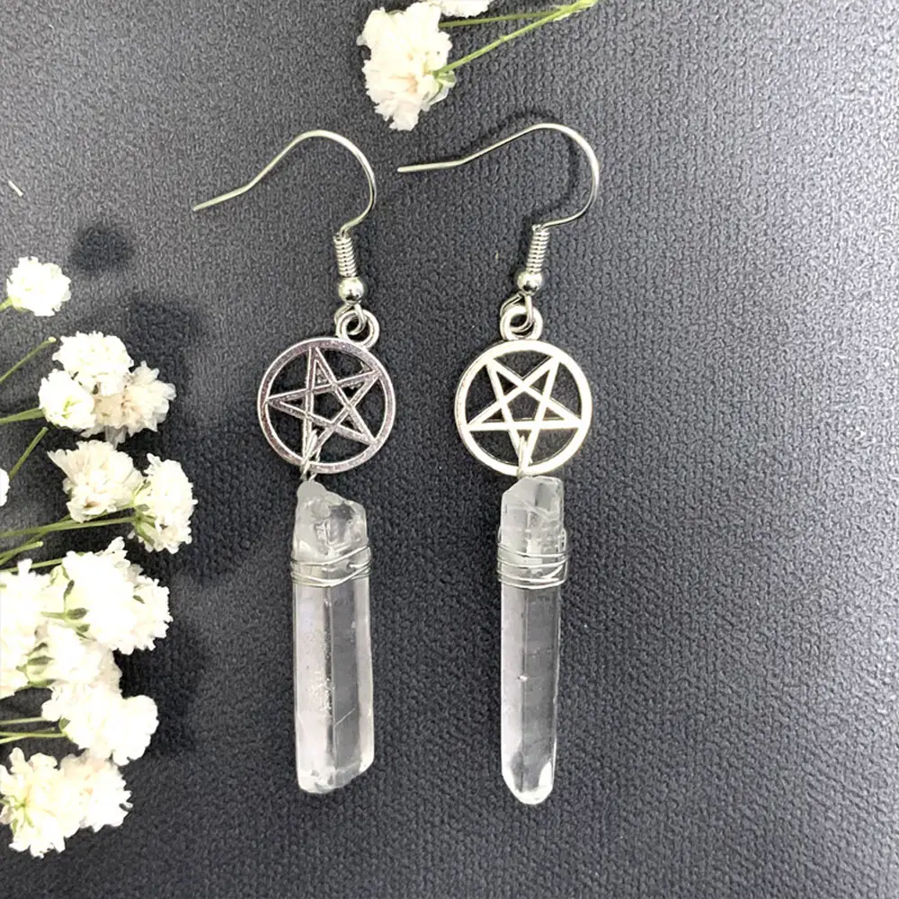 2022 natural healing crystal energy stone earring bohemian style dangle wire wrapped raw crystal pentagram drop earrings