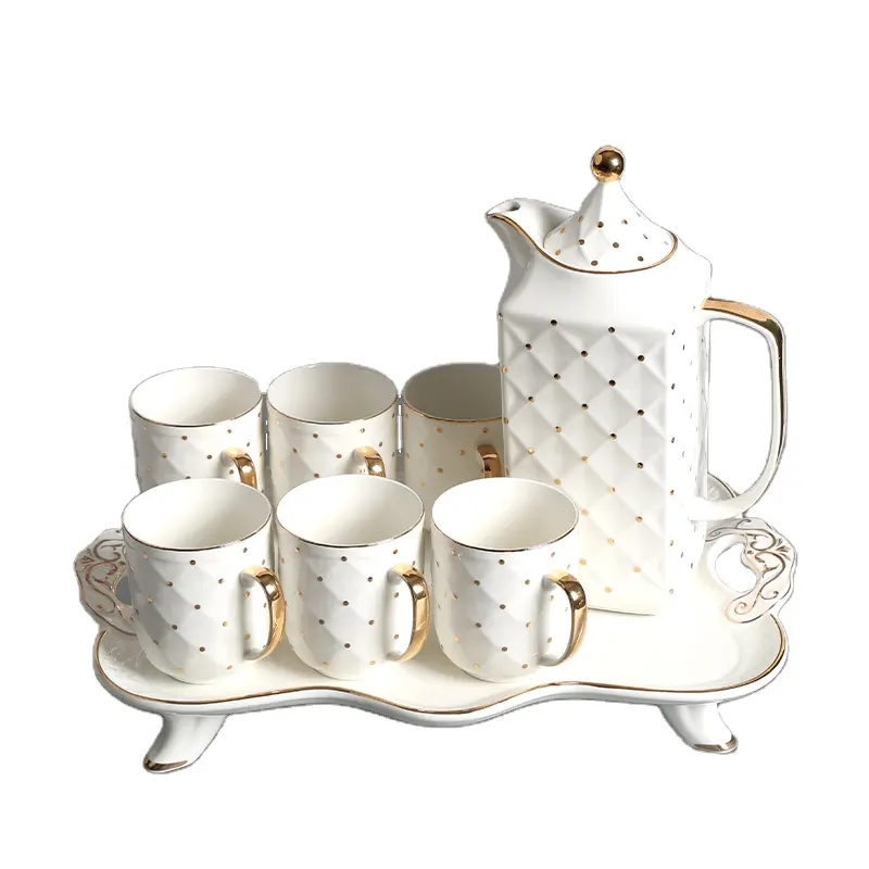 Exquisito oro blanco diseño Regalo boda taza de café juegos de té tetera de alta calidad diseño personalizado Taza de cerámica colorida