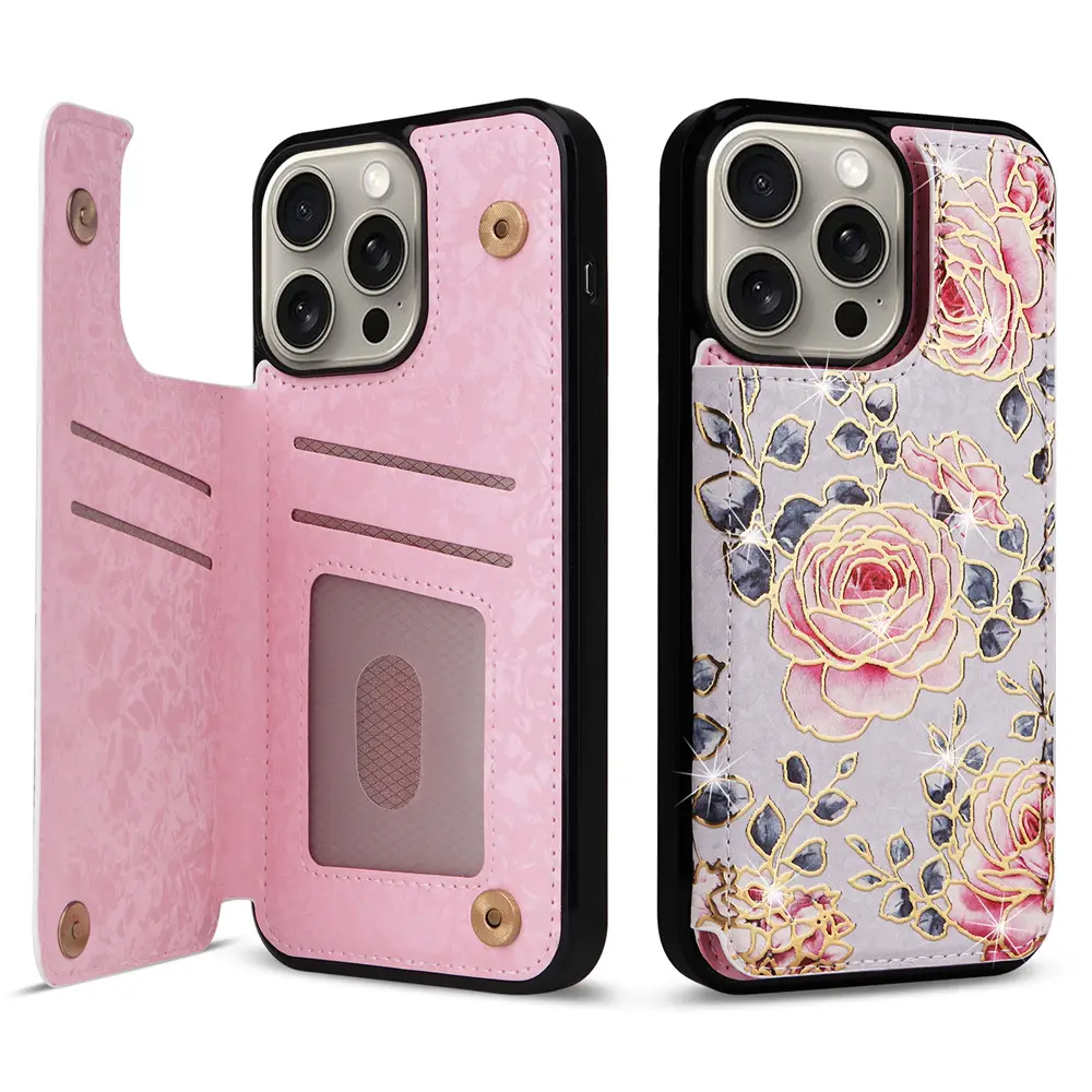 Funda de cuero con billetera de flores rosas para niñas iPhone 15 14 pro Max 13 12 Pro 7 Plus 8 Plus