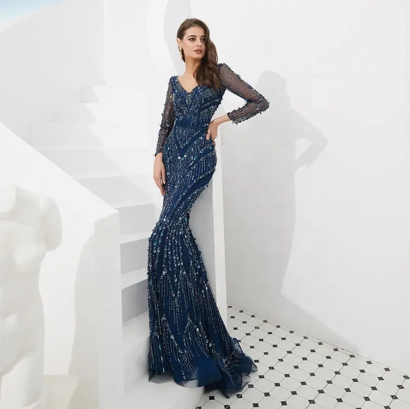 ASA91693 Luxury Sequined beads long sleeve Night gown mermaid Sexy evening dress