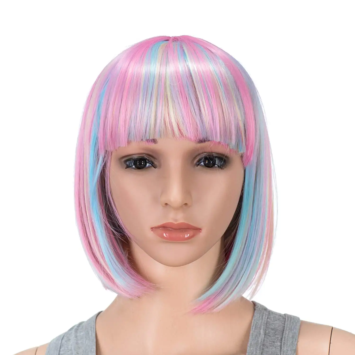 Colorido Curto Bob Corte Perucas Cabelo Humano Rainbow Colorido Ombre Pastel Rosa Roxo Azul Cosplay para Meninas Mulher