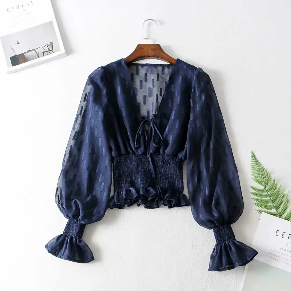 Sexy diepe v-hals elastische taille bocht ontwerpen navy kleur vrouw chiffon blouse