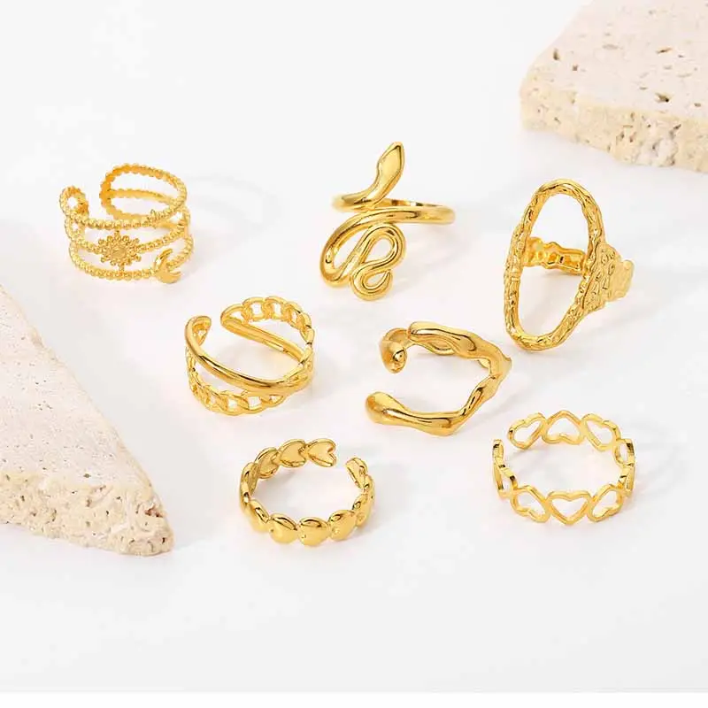 Groothandel Geometrische Zomer Rvs Mix Open Jewel Vrouwen Finger Gratis Grootte Gouden Ringen Set Voor Vrouwen