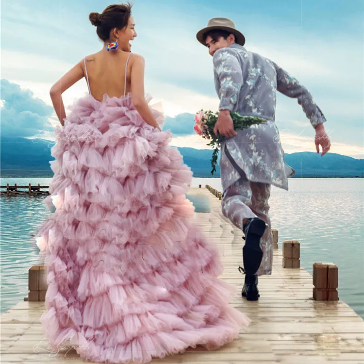 Robe de soirée rose Sexy pour femme, tenue de mariage en Tulle à plusieurs niveaux