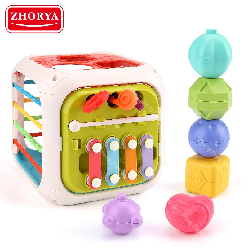 Zhorya brinquedos 6 12 meses, brinquedos educativos, crianças, aprendizagem, tração, corda elástica, bloco de empilhamento, brinquedo 7 em 1, cubo de atividade do bebê