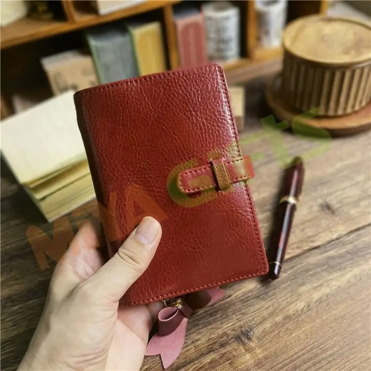 Kustom kulit pu 6 cincin binder A7 perencana agenda penutup merah gelap sederhana halus elegan oliver organizer dompet