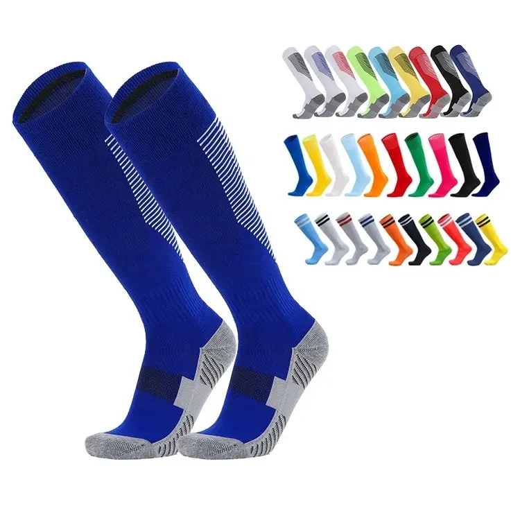 Calcetines deportivos antideslizantes de alta calidad para hombre, medias de fútbol de algodón hasta la rodilla con rayas dobles, con fondo de toalla, venta al por mayor