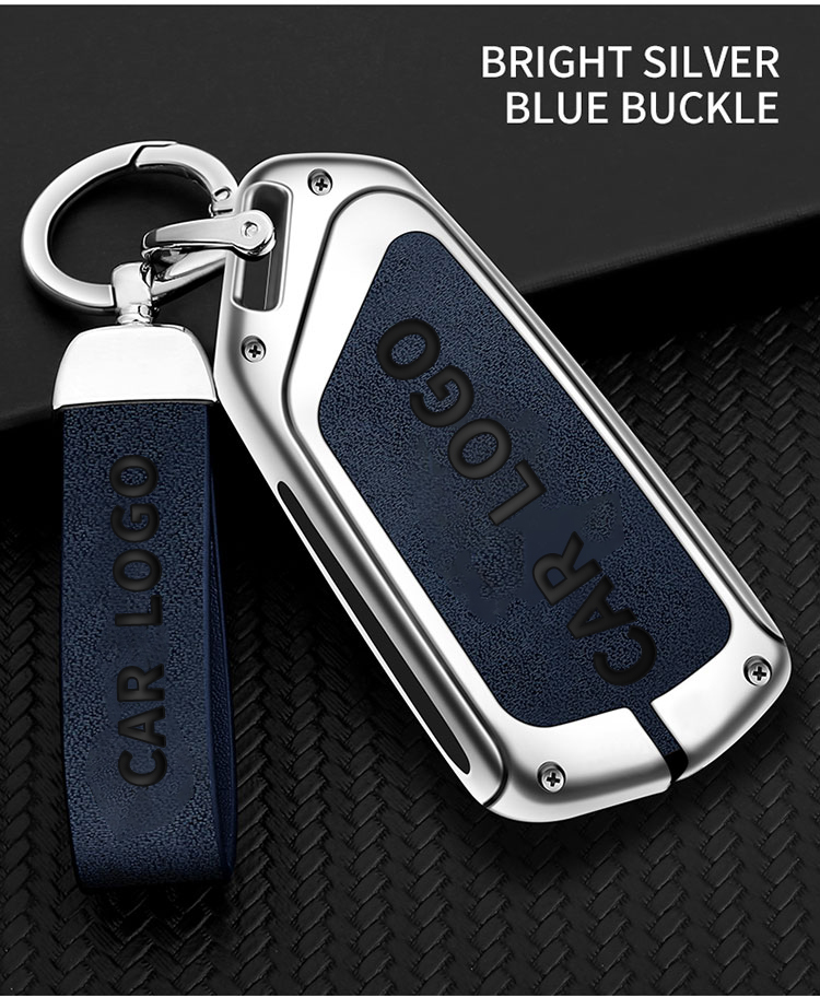 Bright silver blue + leather keychain