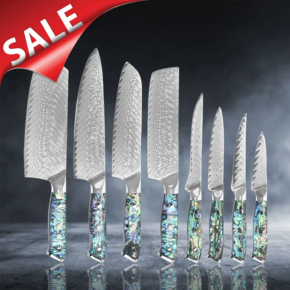 הנחה גדולה Abalone ידית מסחרי סכיני מטבח יפני מטבח סכין סט דמשק Vg 10 סכין סטים עם אריזת מתנה