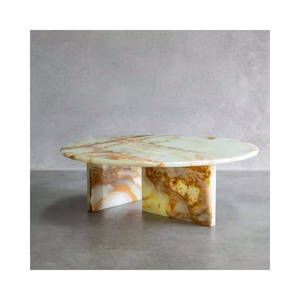 SH STONE Luxury Living Room Furniture Set Modern Round Tea &amp; Coffee Table with T-Frame Light Green Onyx <strong>Marble</strong> Unique Design - Product Image 1