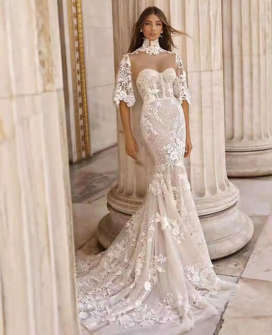 ED2178 उच्च गुणवत्ता कस्टम आधा आस्तीन उच्च गर्दन मत्स्यांगना पूंछ शादी की पोशाक दुल्हन पजामा