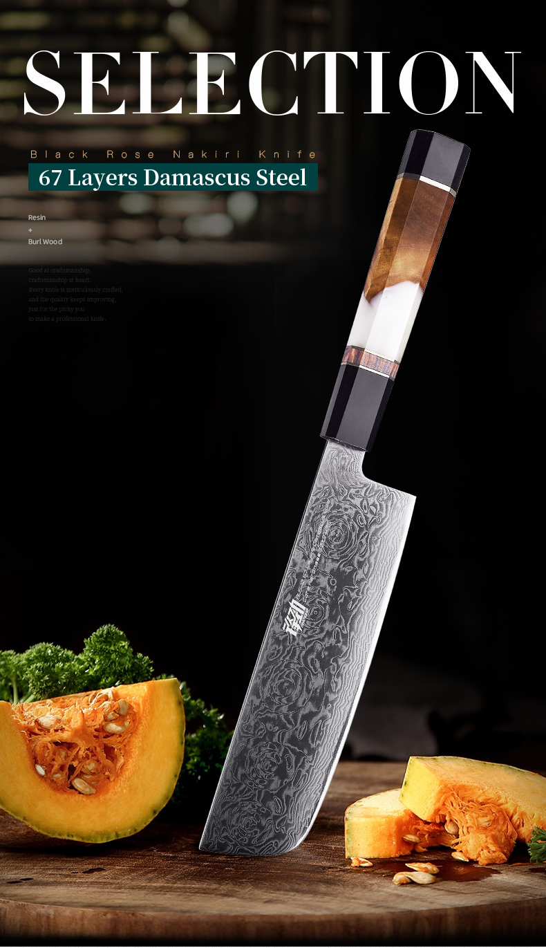 FINDKING New! Black Rose Series Resin Rose Pattern AUS-10 67 Layers Damascus Steel Kitchen Cleaver Nakiri Santoku Chef Knife