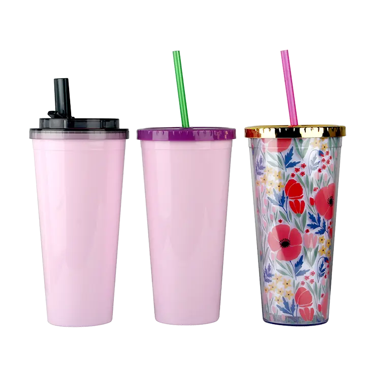 710ml hard plastic cup with lid silicon bunny ear double wall plastic cups