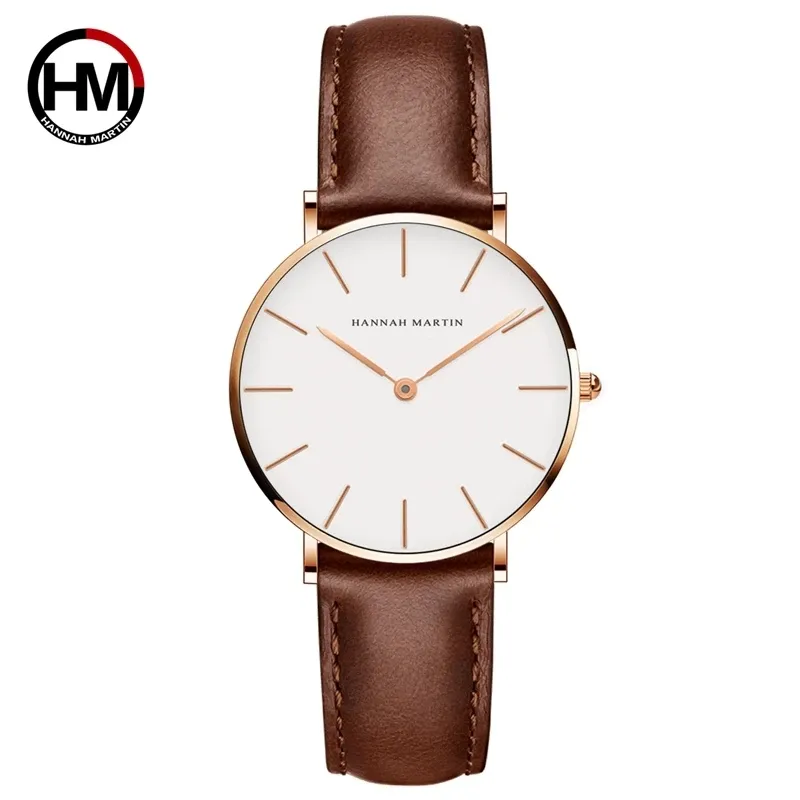 Hannah Martin CB36 Quartz Movement Brown Couro Branco Dial Mulheres Waterproof Watch Relógio de couro redondo 2020 Liga Japão para Lady