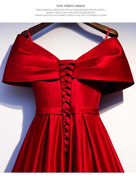 Gaun malam prom ramping etos elegan kotak-kotak satin merah A line bahu terbuka v rendah