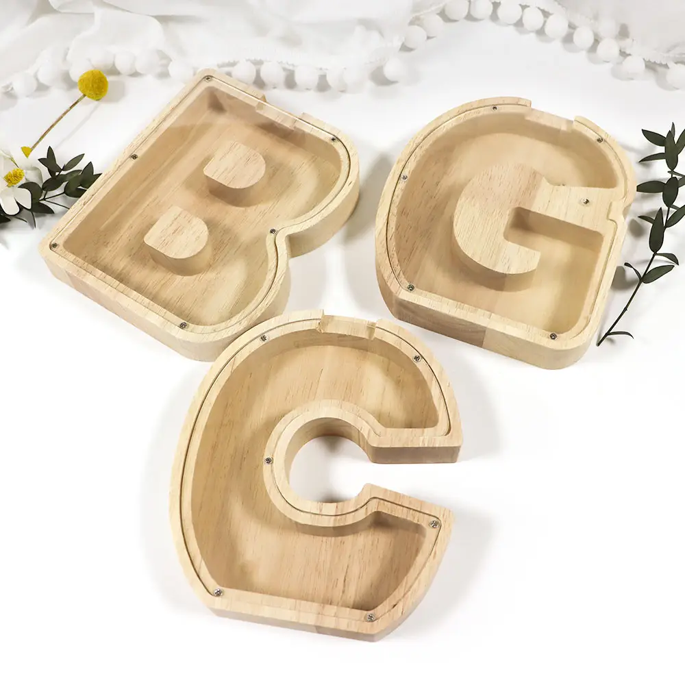 Gepersonaliseerde Gift Hout Naam Kids Alfabet Houten Ambachtelijke Decoratie Blanco Doorschijnende Spaarpot In Dollar Doos Letter Coin Flips