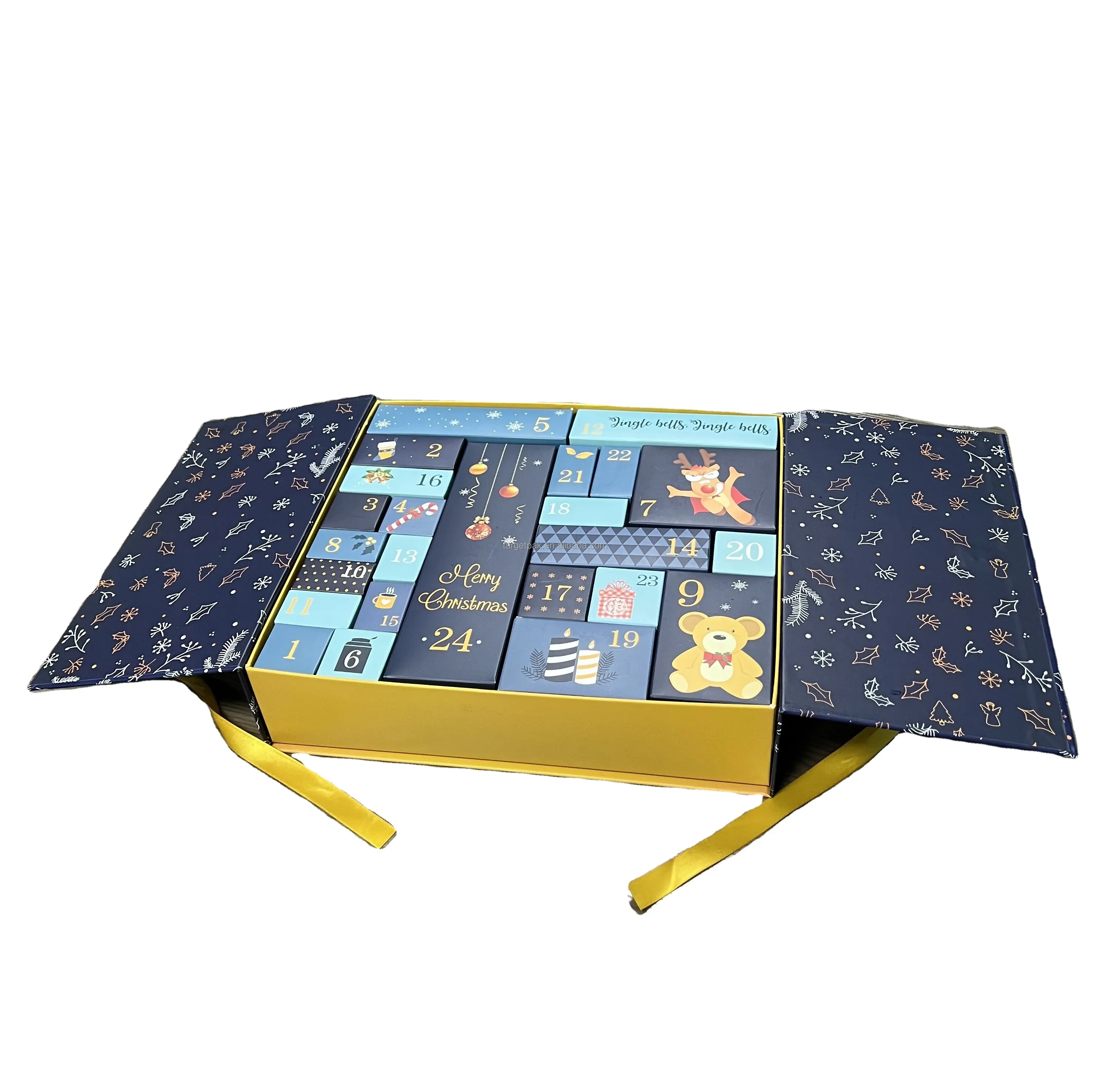 Luxury Christmas Mystery Advent Calendar Box with Ribbon Countdown Surprised Big Cosmetic Gift Box with Paper Dividers