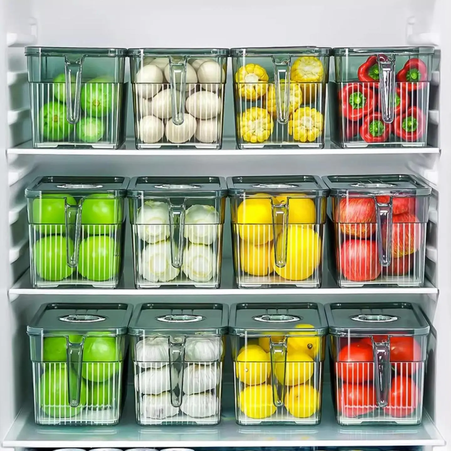 منظم ثلاجة المطبخ المنزلي صندوق تخزين بلاستيكي شفاف للخضروات والفاكهة مع مقبض