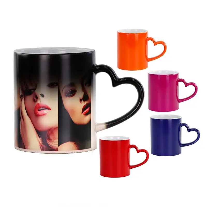 11oz Color Changing Coffee Mugs 330ml Image Customized Blank Heat Sensitive Sublimation Ceramic Magic Mug With Heart Shaped Hand