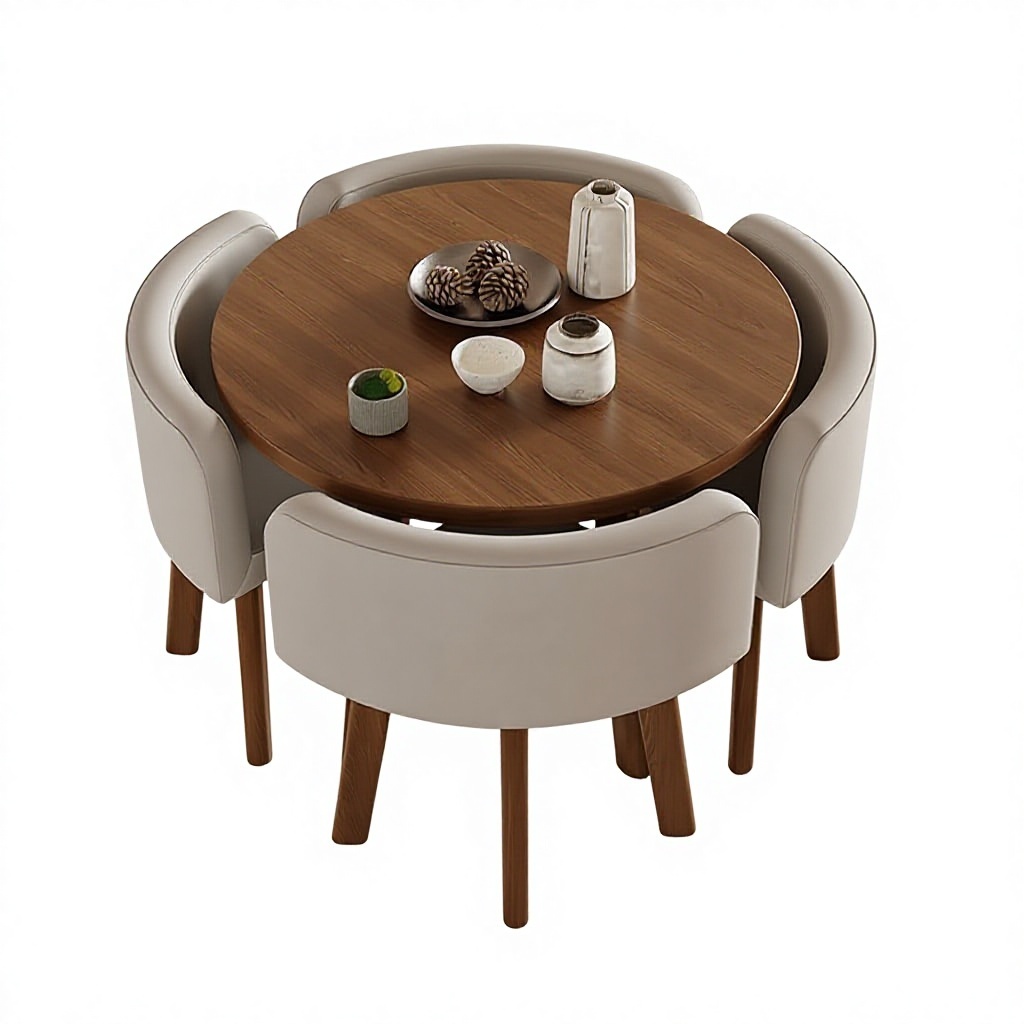 80cm walnut patterned round table + 4 light gray fabric chairs