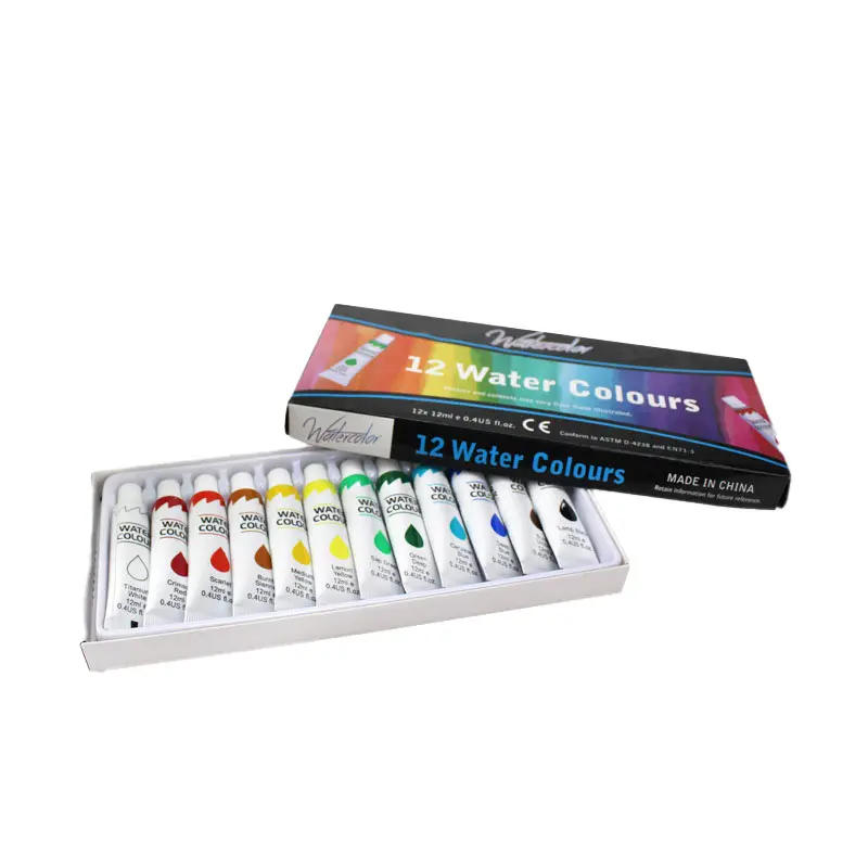 2023 modèle chaud 12 couleurs acrylique aquarelle peinture ensemble tube en aluminium emballage de boîte de couleur personnalisée