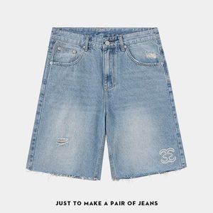 时尚美国休闲刺绣复古仿旧撕裂牛仔短裤，直宽松高街卡普里裤 - Product Image 2