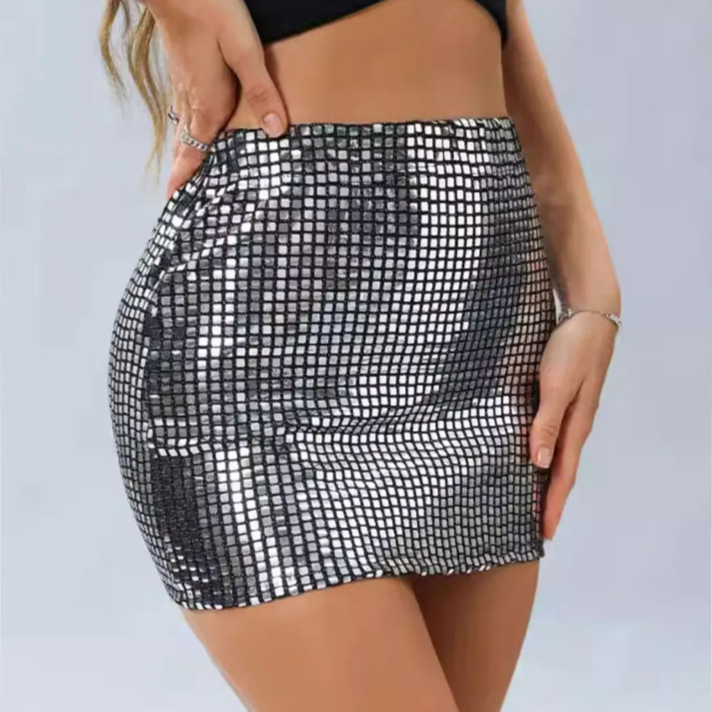 Wholesale Summer Custom High Quality Bodycon Skinny Metallic Mini Skirt Puffer Sparkly Silver Skirt Sexy Club Bubble Skirt