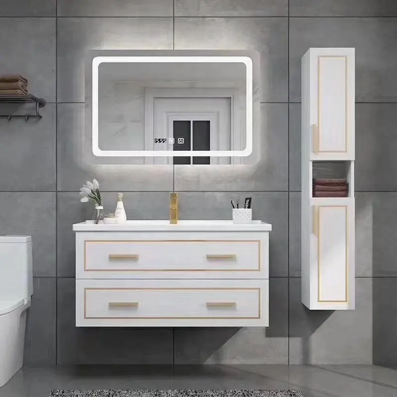 Panel de muebles de Hotel, armario de baño con espejo, tocador inteligente personalizado, tablero de espuma rectangular moderno de acero inoxidable blanco de madera