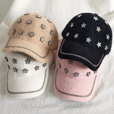 HT-0347 de béisbol con forma de estrella y diamantes de imitación para mujer, gorra de béisbol de alta calidad con logotipo personalizado