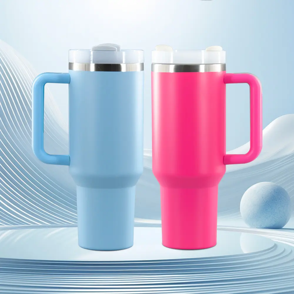 A buon mercato H2.0 fioccato arcobaleno placcato in acciaio inox caffè bicchiere tazza sottovuoto Thermos con manico 40Oz con coperchio a goccia