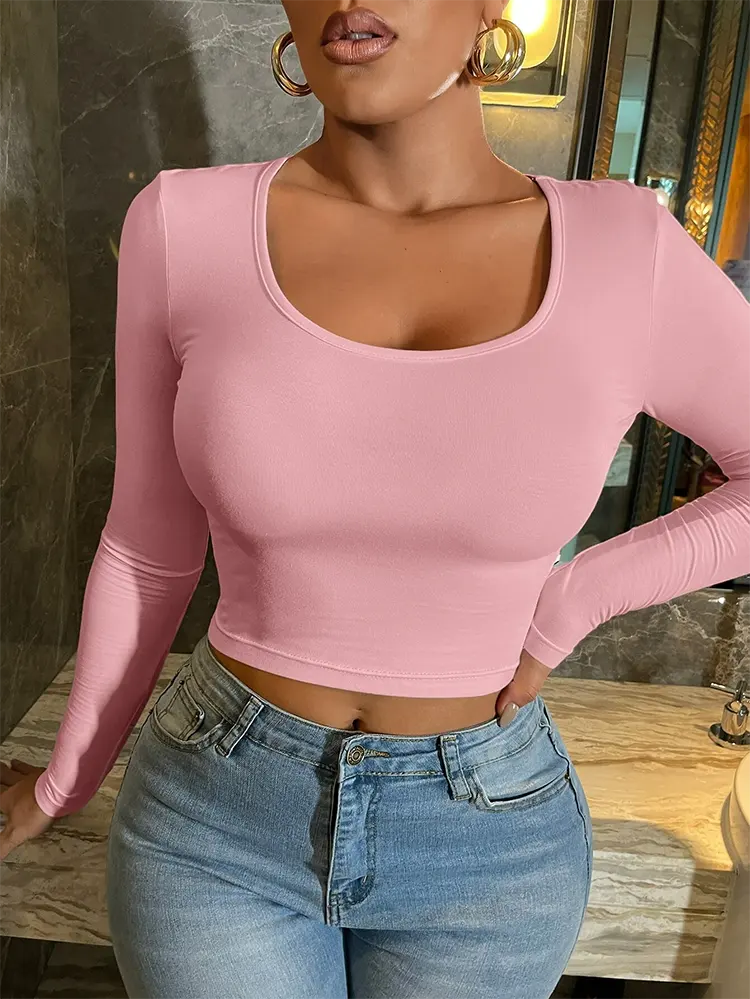 Custom Logo Long Sleeve Crop Tops for Women Cotton Scoop Neck Basic Tees Slim Fitted Cropped T Shirts