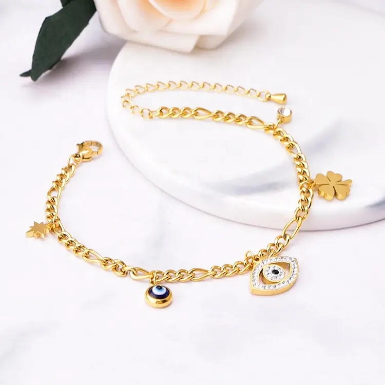 Pulsera de acero inoxidable con diseño de ojo malvado para mujer, brazalete con diseño de mariposa y trébol, personalizado, de alta calidad, resistente al agua