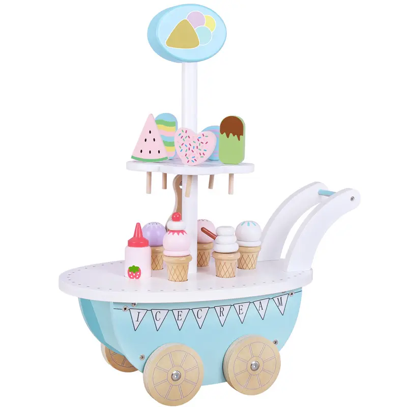 Pretend Ice Cream Cart Toy Wooden Ice Cream Toy Set For Kids Girls Shop Shipping Toy