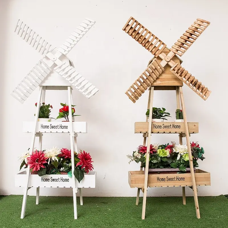 Деревянная деревянная напольная подставка для цветов ветряная мельница ручной работы, садовый дворик, двухуровневый домашний декор, стеллаж для цветов
