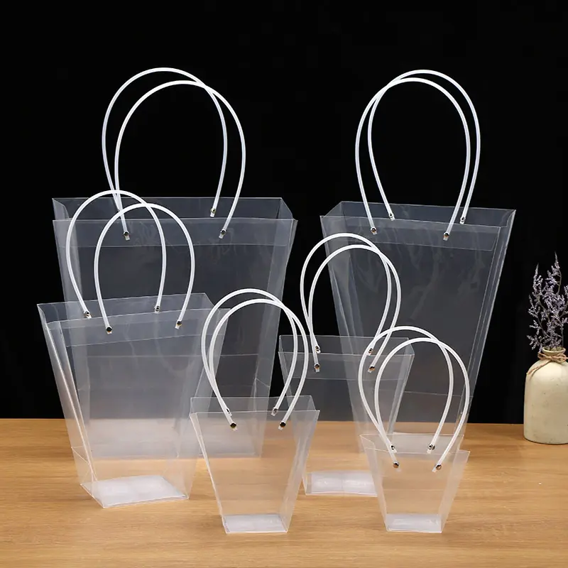 Bolsa de plástico transparente trapezoidal personalizada, bolsa de embalaje de flores con mango