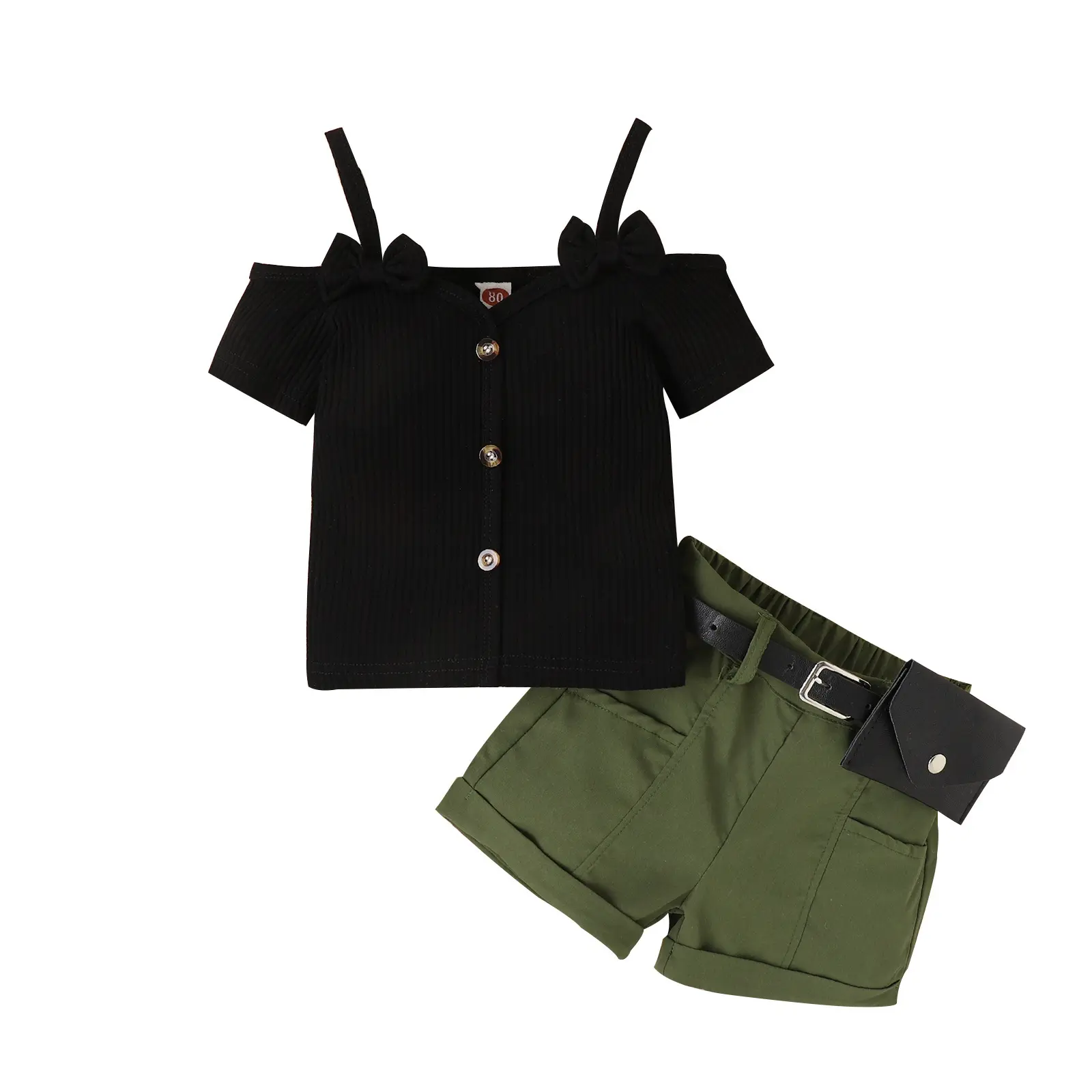 ファッション子供ブラックボウスリング服とベルトバッグ付きショートパンツセットベビーガールズブティック衣装夏服