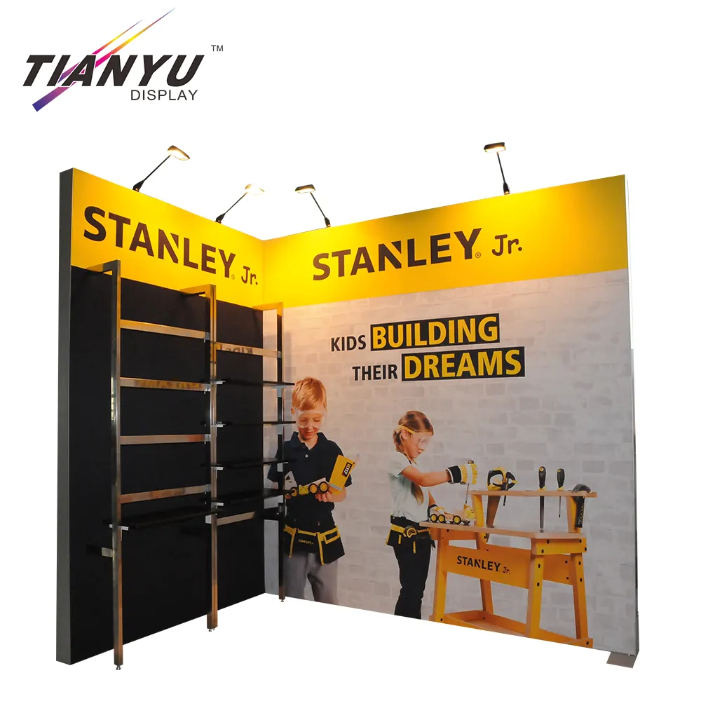 Tianyu, tela de tensión de Pvc personalizada, marco de aluminio, soporte de Feria Comercial en forma de L, caja de luz, pancarta de exhibición emergente con estantes, luz LED