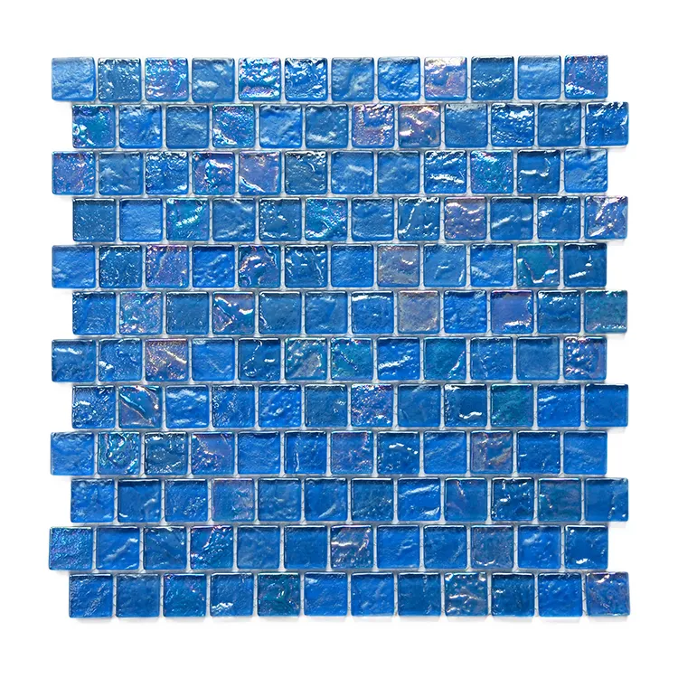 Azulejo de piscina de mosaico de vidrio iridiscente de Color azul de nuevo diseño para nadar azulejo exterior de superficie rugosa