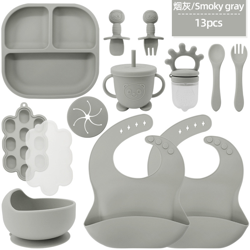 Bavoirs gris fumée-2 carrés petite ventouse bol ours tasse collation c