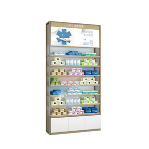 XJMS-AW2-LBJ-07 Professional Medicine Display Rack for Retail <strong>Pharmacies</strong> Golden Universal Glass Cabinet with Adjustable Shelves - Product Image 5