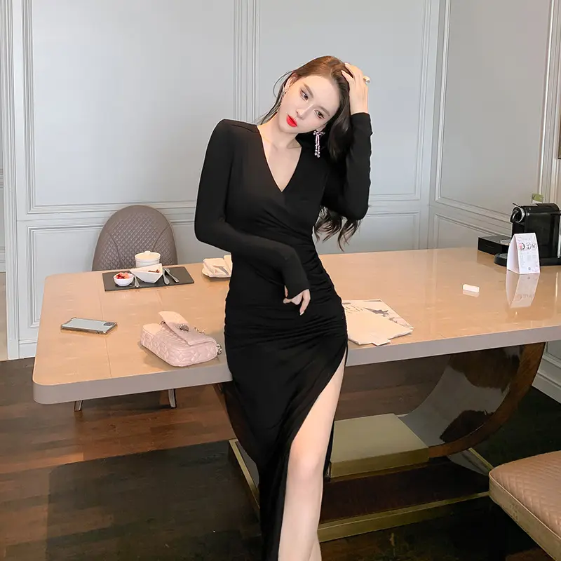 Zyht 5181 vestido de fenda sexy preto, roupas de alta moda com fenda slim vestido plus size para mulheres gordas