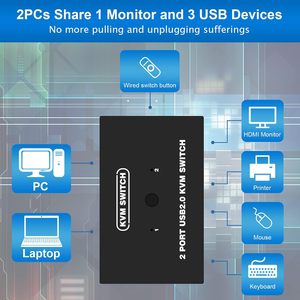 USB VGA KVM-Switch für 2 PC Teilung 1 Video-Monitor und 3 USB-Geräte, Tastatur-Maus-Scanner-Drucker