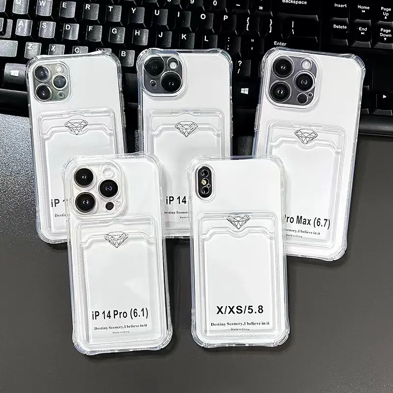 Casing tempat dompet kartu TPU lembut, casing pelindung kartu bening transparan tahan guncangan gaya baru untuk iPhone 15 Pro Max