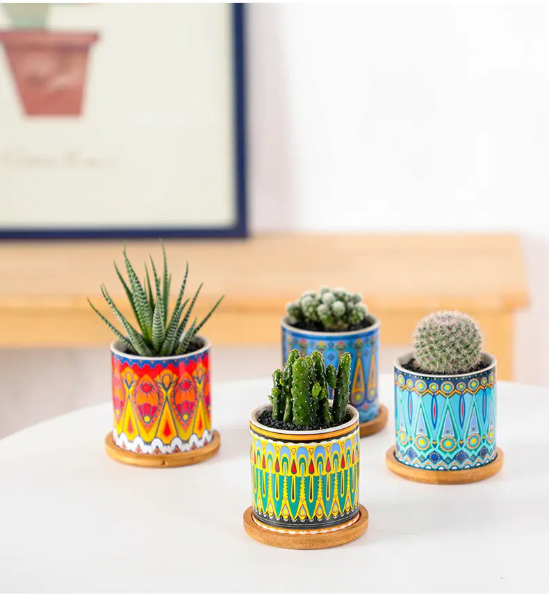 Decorazioni interne per la casa piccolo vaso di fiori mni in ceramica vasi succulenti bohémien piantatore cactus vaso con drenaggio e vassoio di bambù