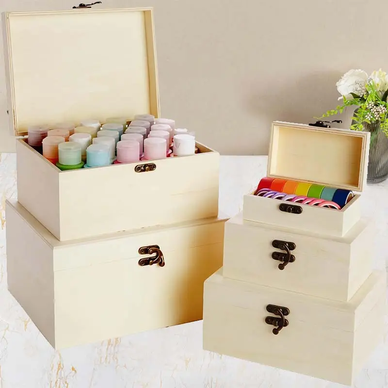 Boîtes de rangement en bois à peindre (naturel 5 tailles assorties) Lot de 5 boîtes en bois non finies avec couvercles à charnière Arts et artisanat